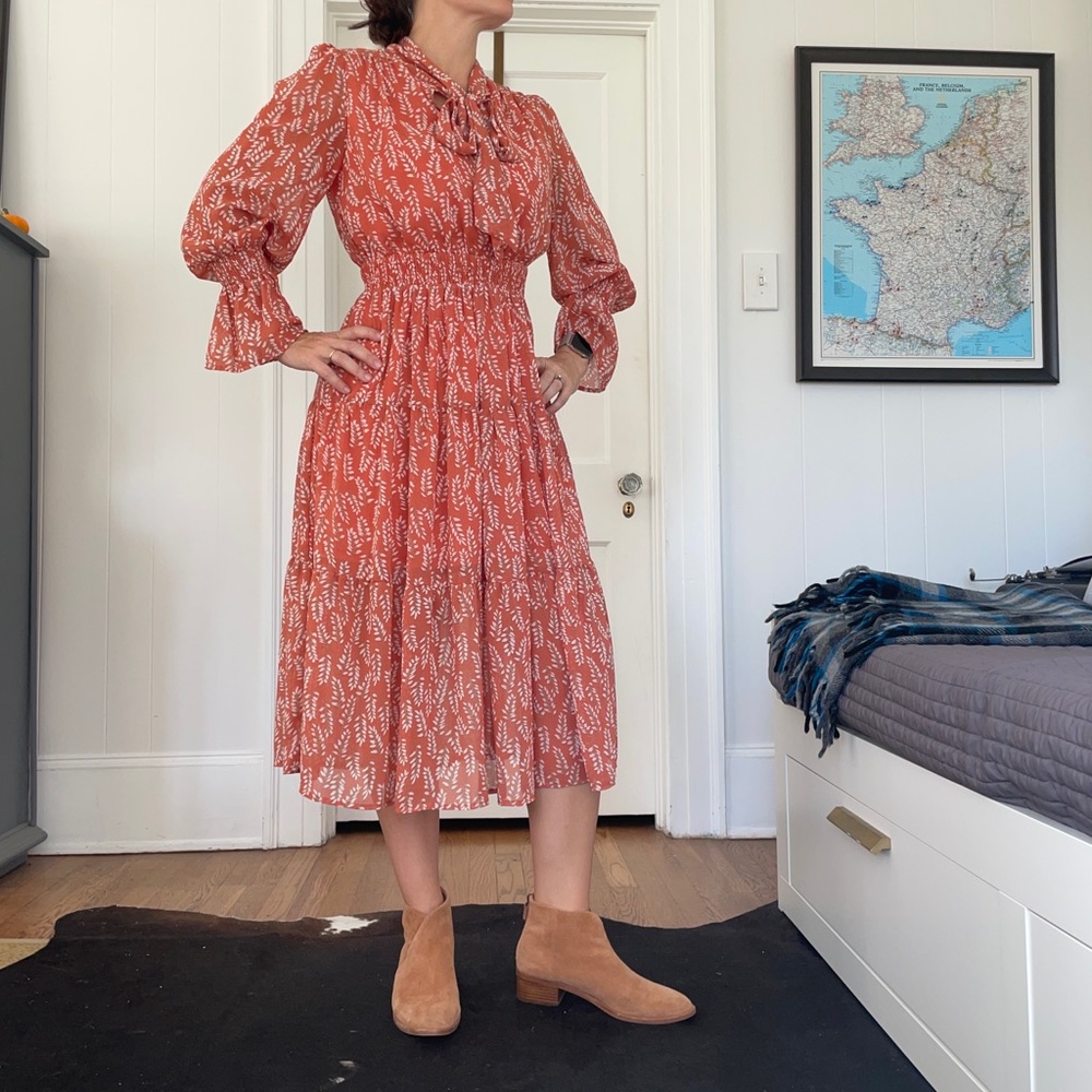 Sheer terracotta colored dress with lining, gathered elastic waist & neck tie.